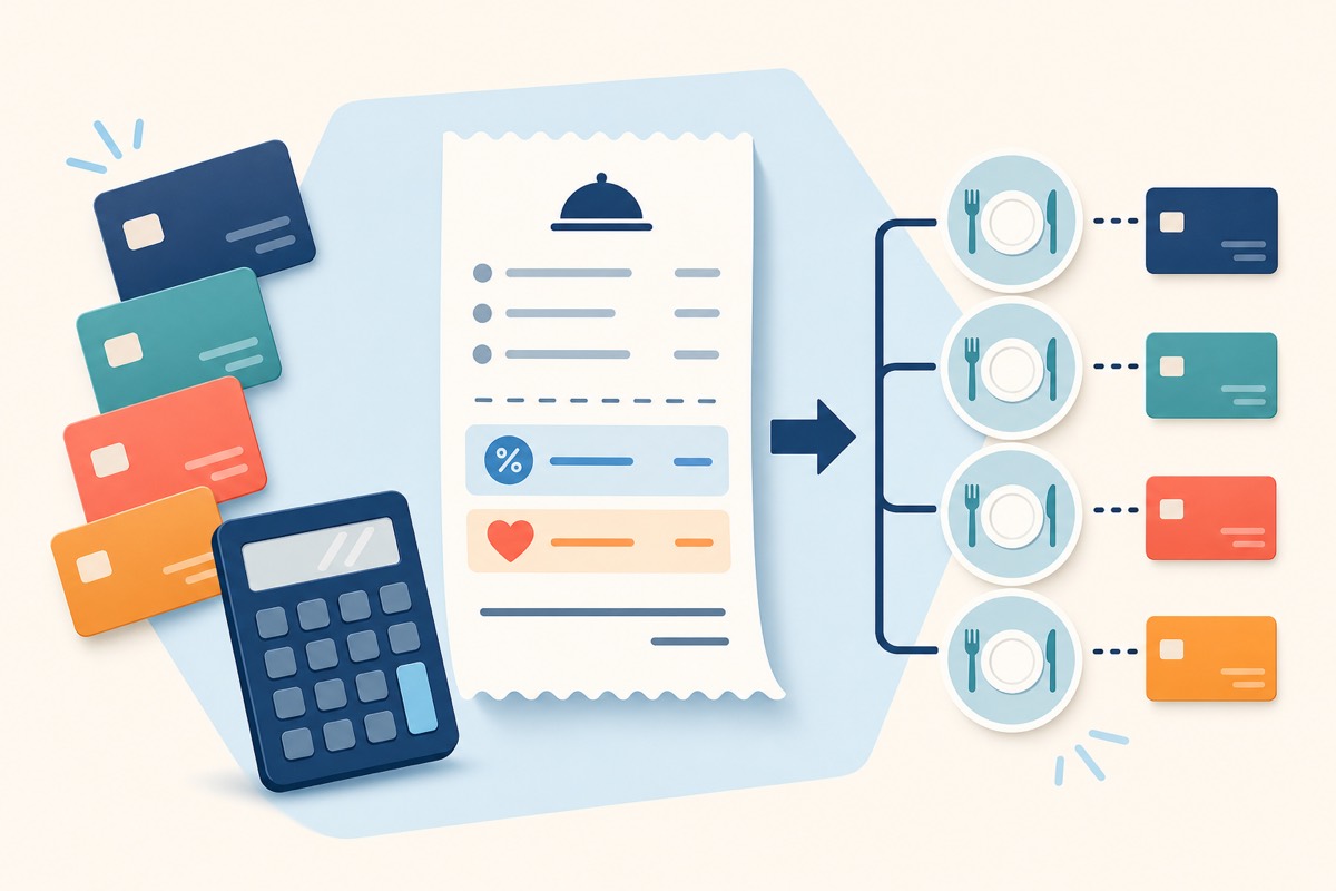 A shared bill divided into four equal meal and payment portions.