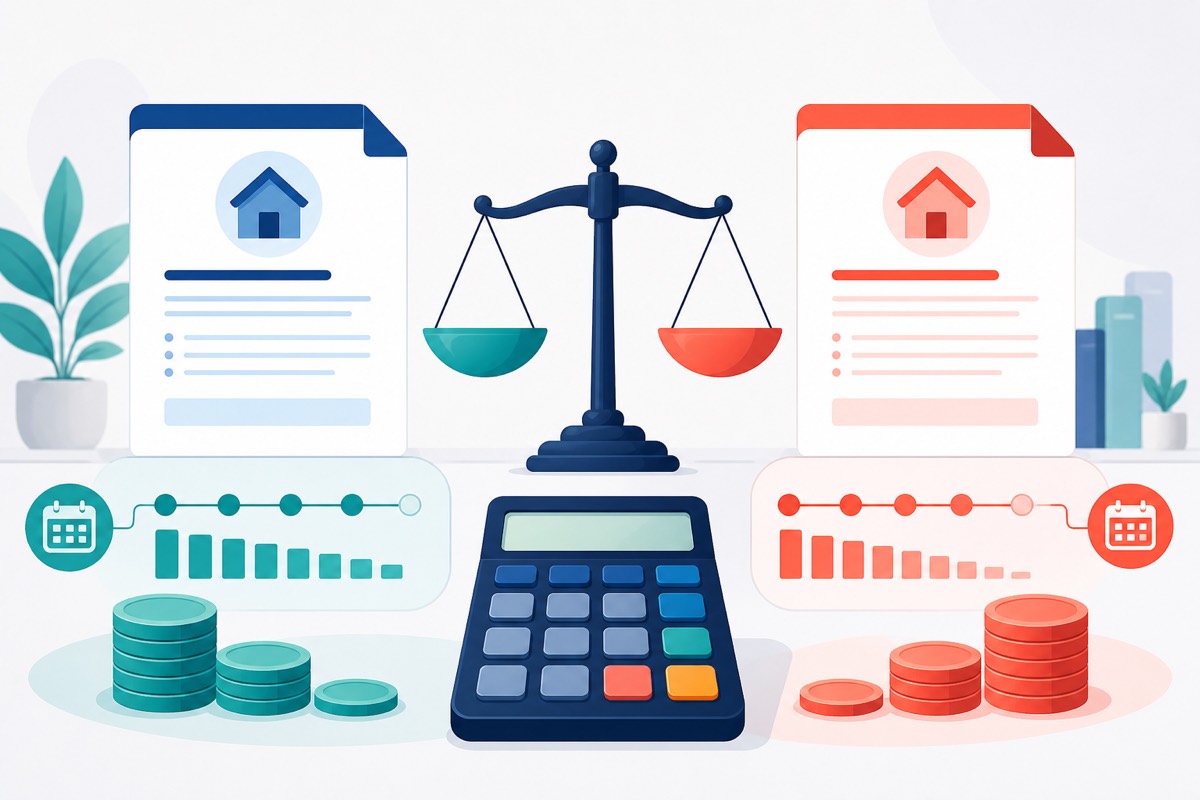 Two loan offers balanced beside repayment timelines and a calculator.