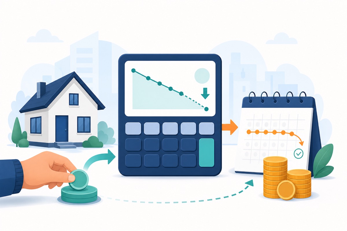 A home loan prepayment visual with a calculator, calendar, coins, and a shorter repayment path.