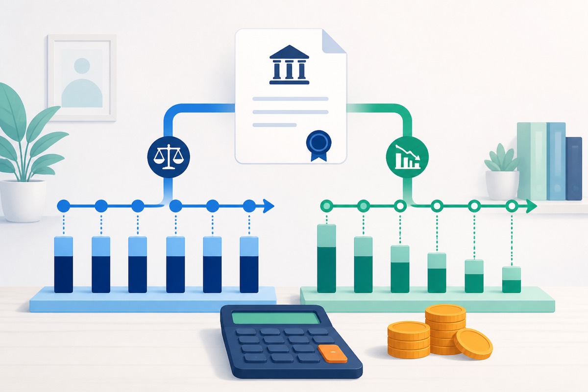 Two loan repayment paths beside a calculator and stacks of coins.