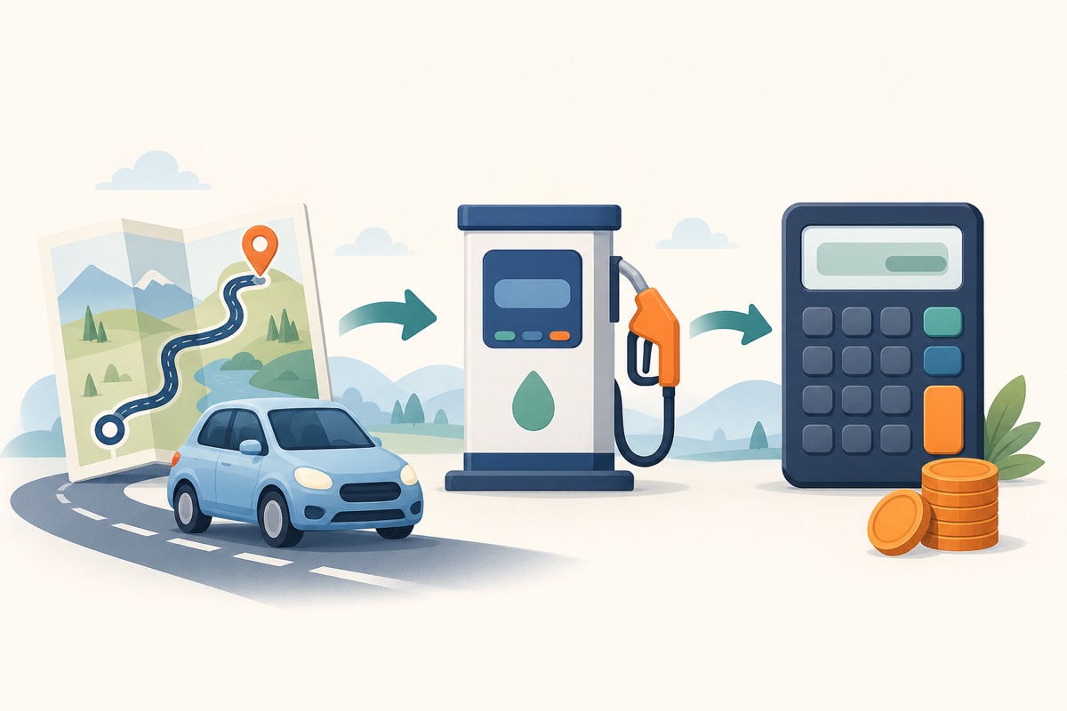A road trip route leading from a car to a fuel pump and calculator.