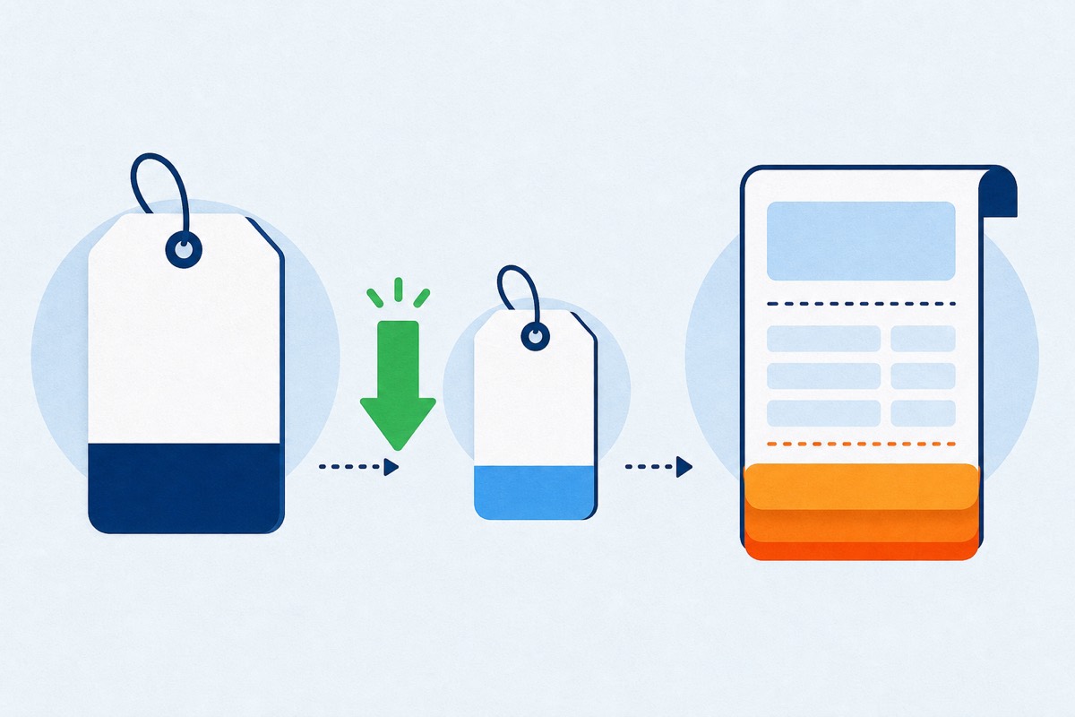 A price tag flowing through a discount arrow to an invoice with a tax layer.