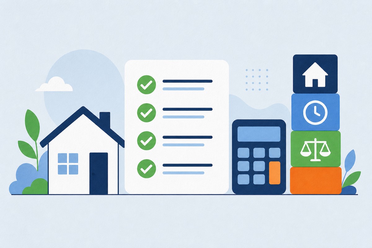 A house beside a loan checklist, calculator, clock, and balance symbol.
