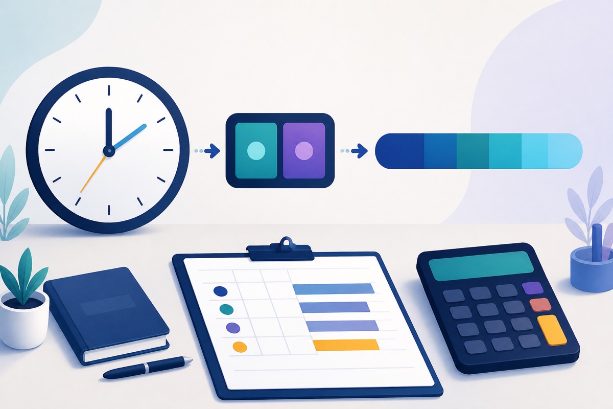 A clock and time blocks flowing into a decimal timesheet row.