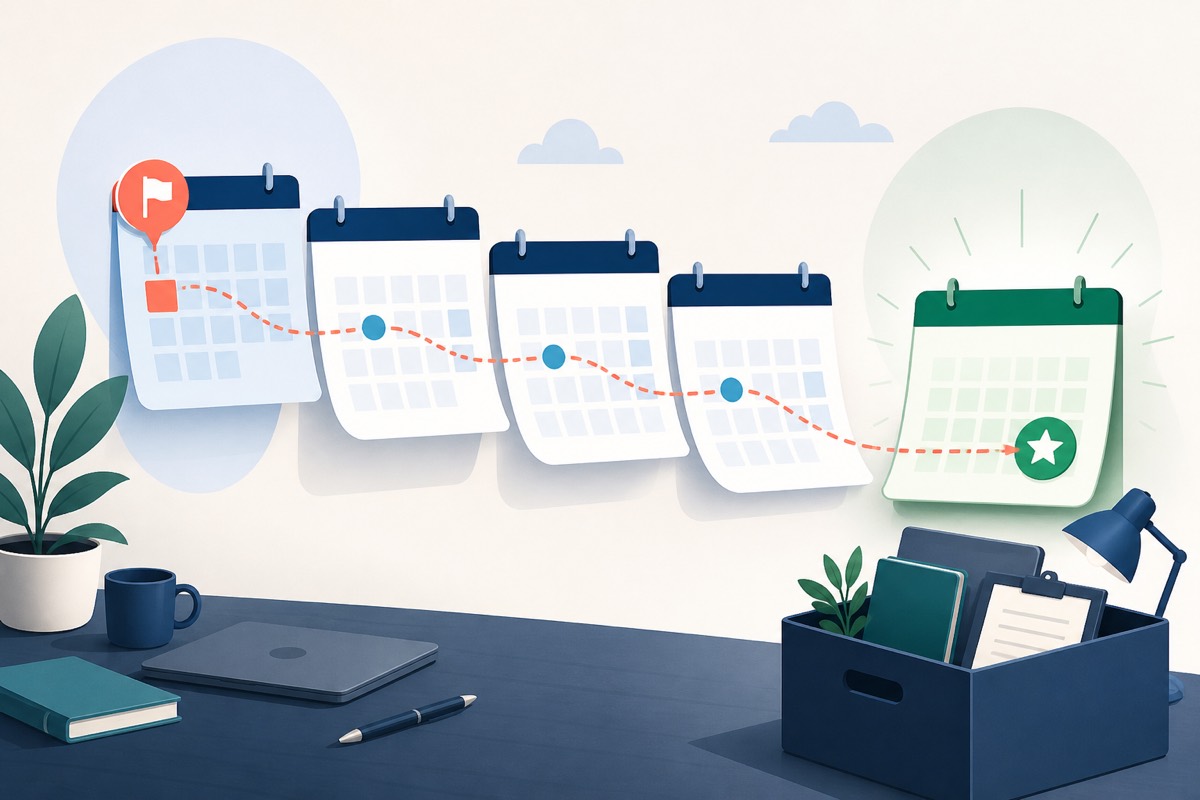 A calendar path leading from a notice date to a highlighted final workday beside a packed work folder.