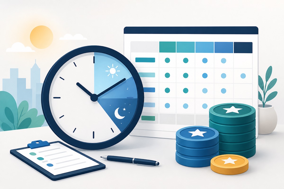 A day-to-evening clock beside a timesheet and stacks representing extra paid hours.