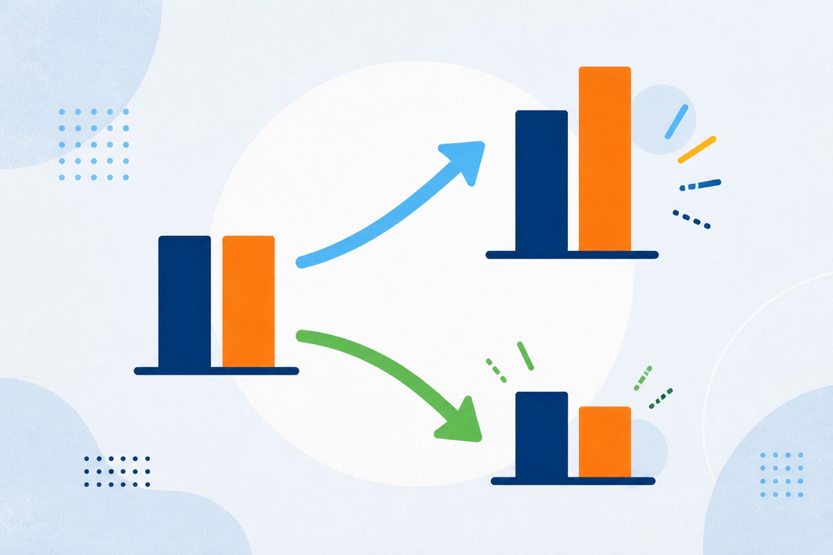 Abstract bar charts with arrows showing an increase and a decrease.