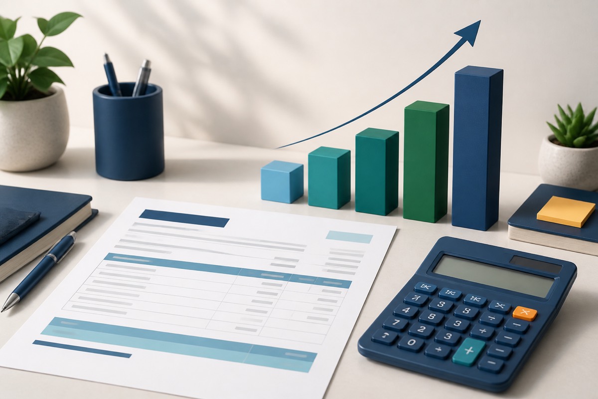 A salary document, calculator, and rising blocks showing steady pay growth.