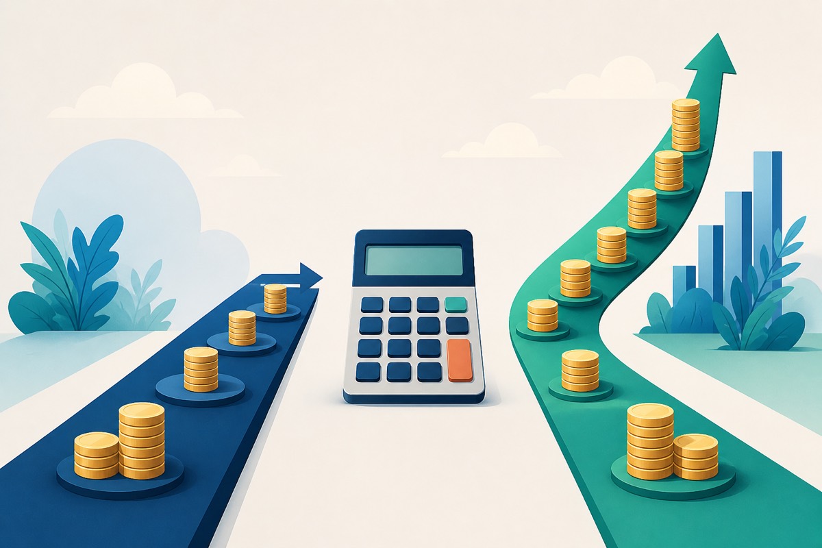 Equal starting coin stacks following steady and accelerating growth paths around a calculator.