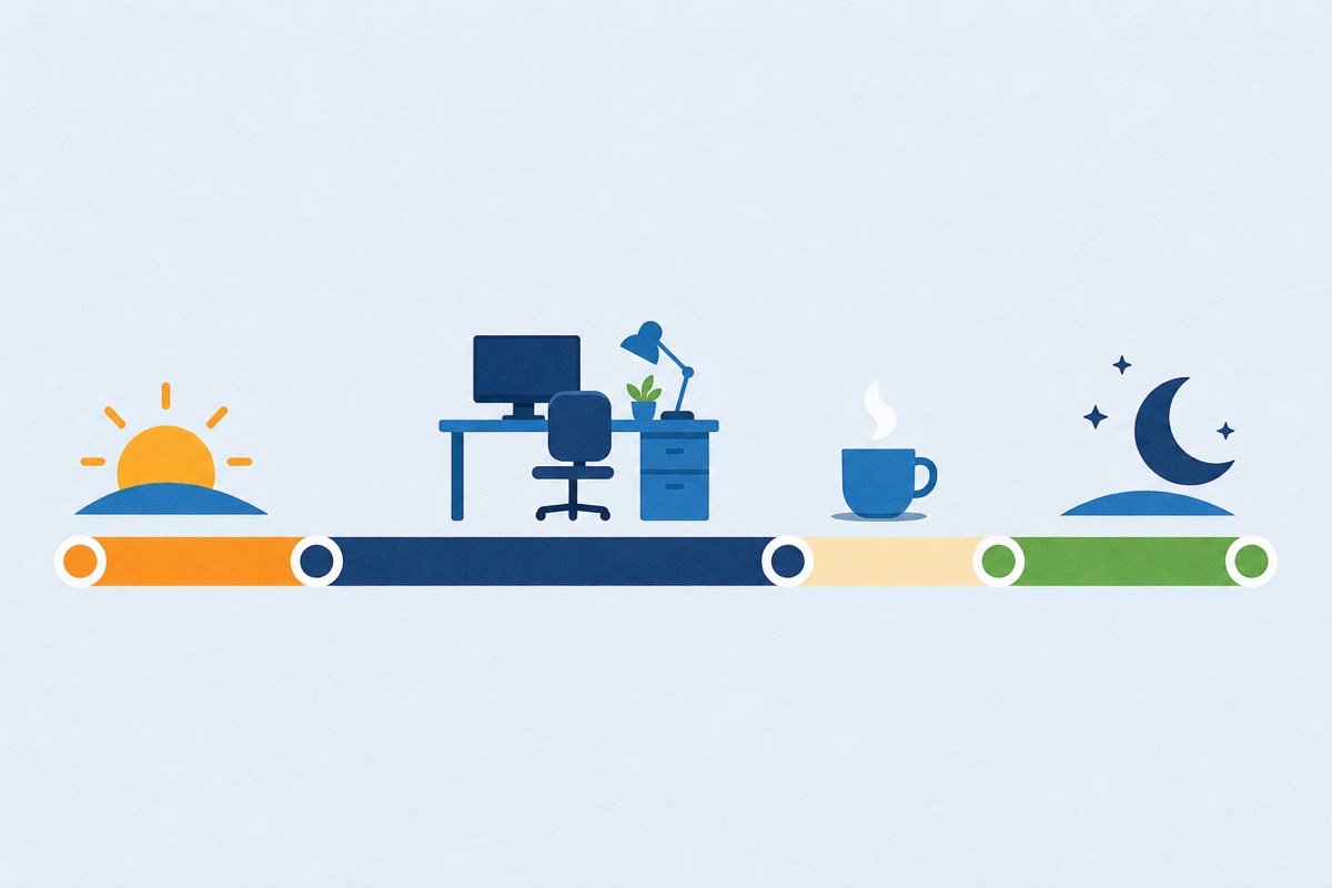 A workday timeline with sunrise, a desk, a break, and an evening moon.